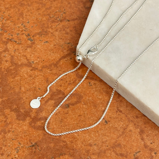 Sterling Silver 1.2mm Rounded Box Chain Necklace Slider Bead Adjustable 22''