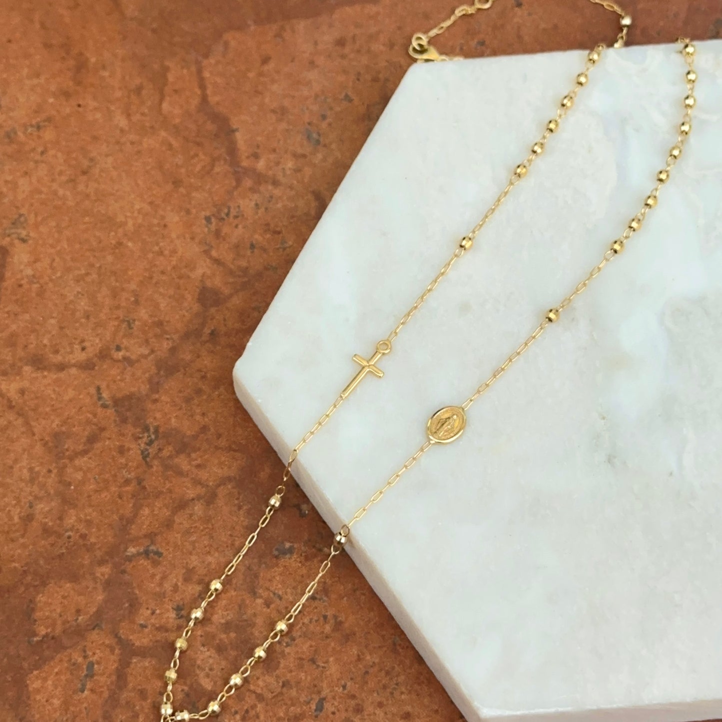 14KT Yellow Gold Rosary Beads + Medal Necklace