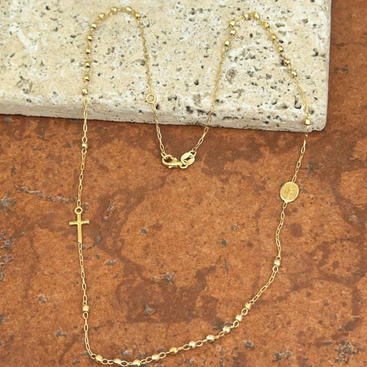 14KT Yellow Gold Rosary Beads + Medal Necklace