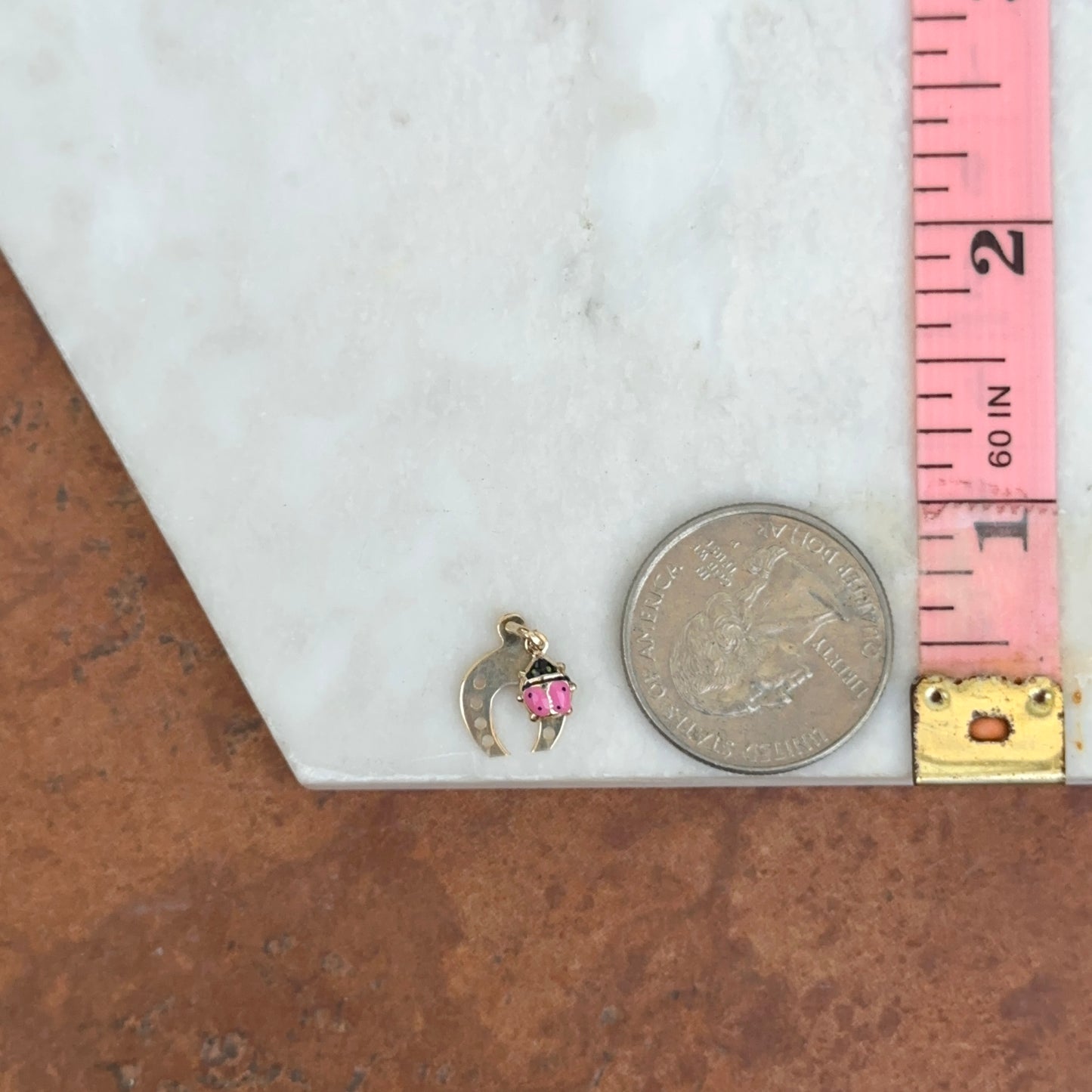 14KT Yellow Gold Horseshoe + Pink Ladybug Pendant Charm