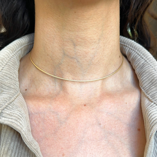 14KT Yellow Gold 1.1mm Cable Twist Wire Choker Necklace