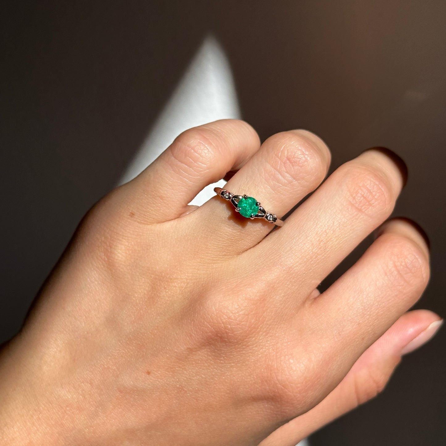 14KT White Gold Round Colombian Emerald + Diamond Accent Ring