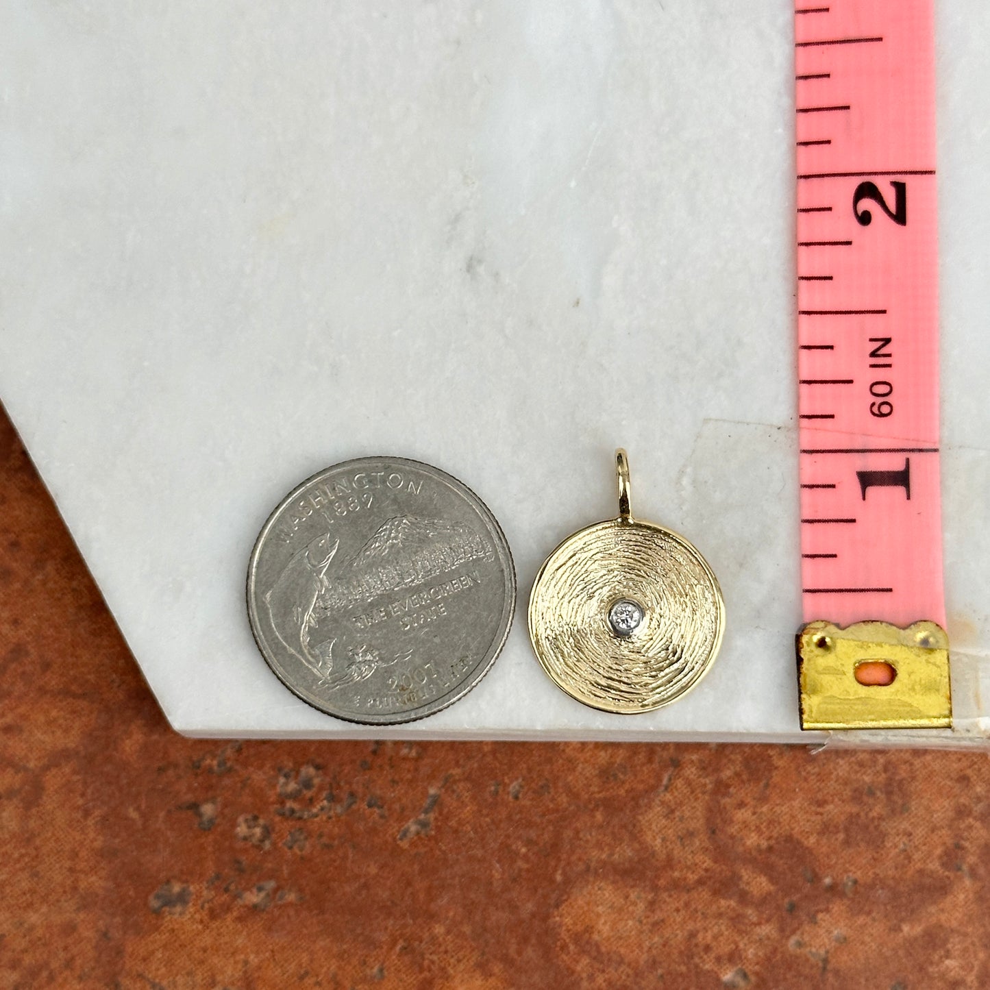 14KT Yellow Gold Diamond Disc Textured Pendant