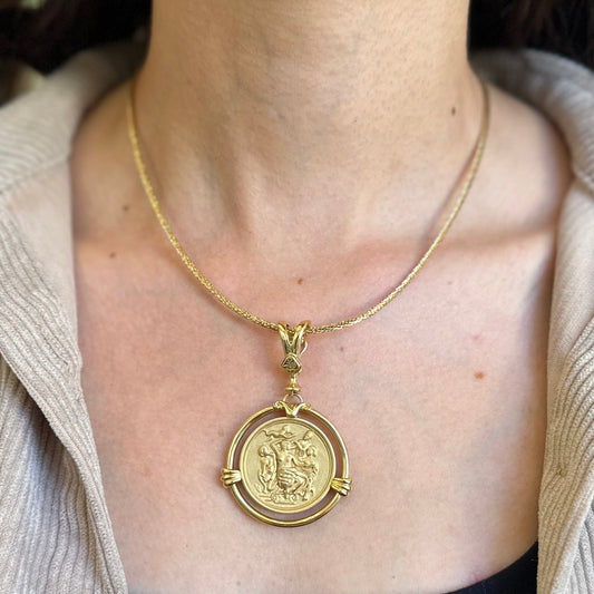 18KT Yellow Gold Matte Byzantine Round Pendant Enhancer