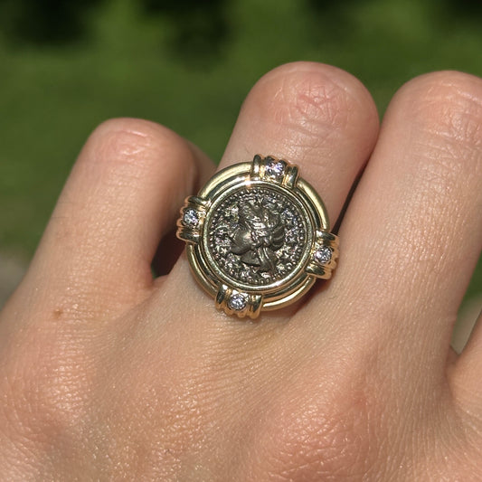 Estate 14KT Yellow Gold Bezel Set Diamonds + Replica Silver 925 Coin Ring