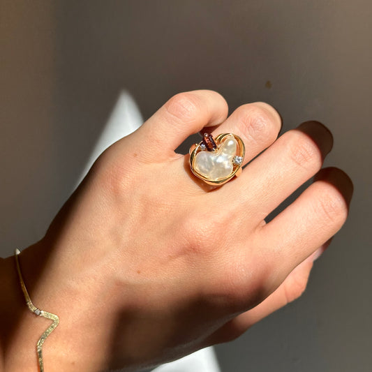 Estate 14KT Yellow Gold Blister Pearl, Tourmaline, + Diamond Ring - LSJ