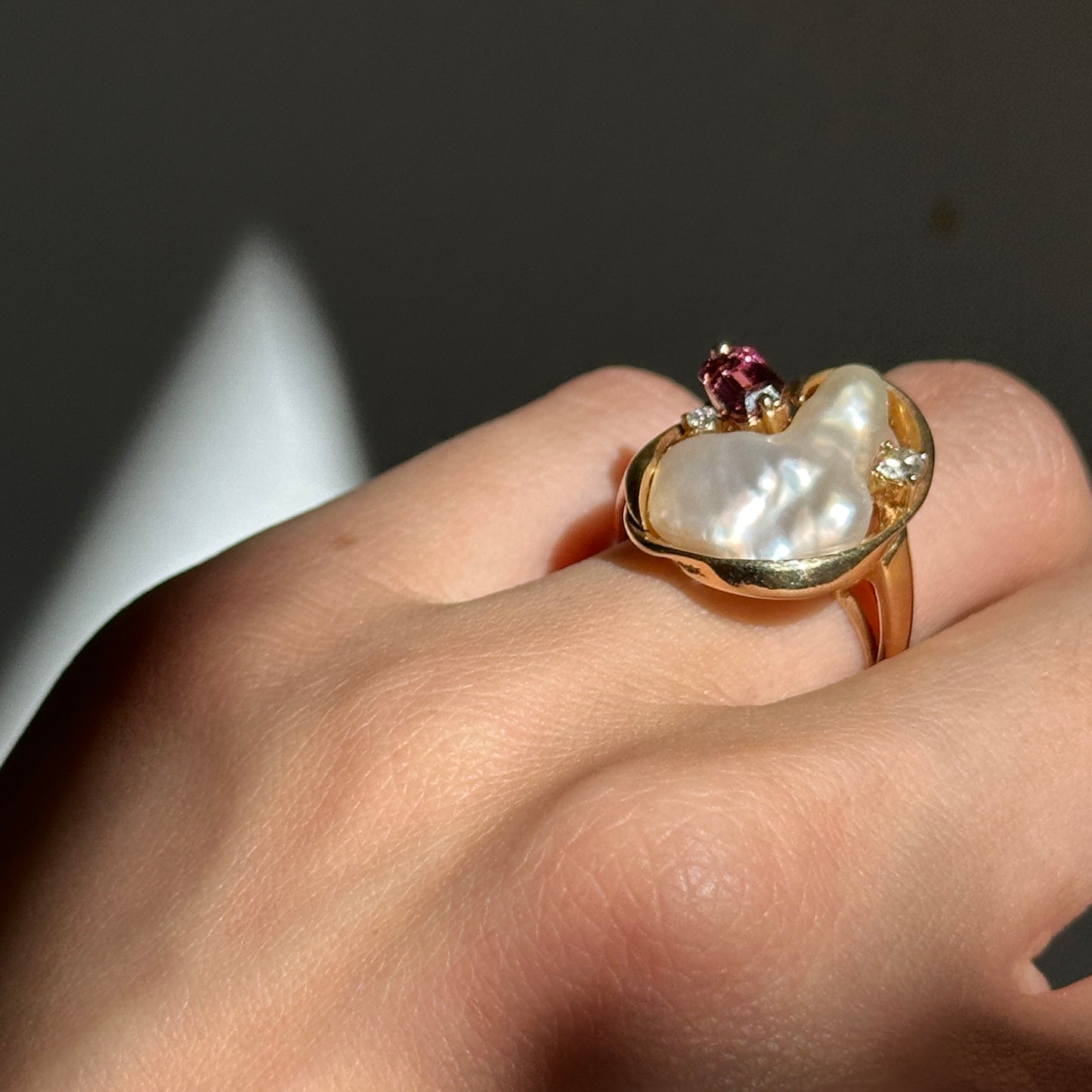 Estate 14KT Yellow Gold Blister Pearl, Tourmaline, + Diamond Ring - LSJ