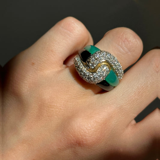 Estate 18KT Yellow Gold Black + Green Onyx, Pave Diamond Dome Ring