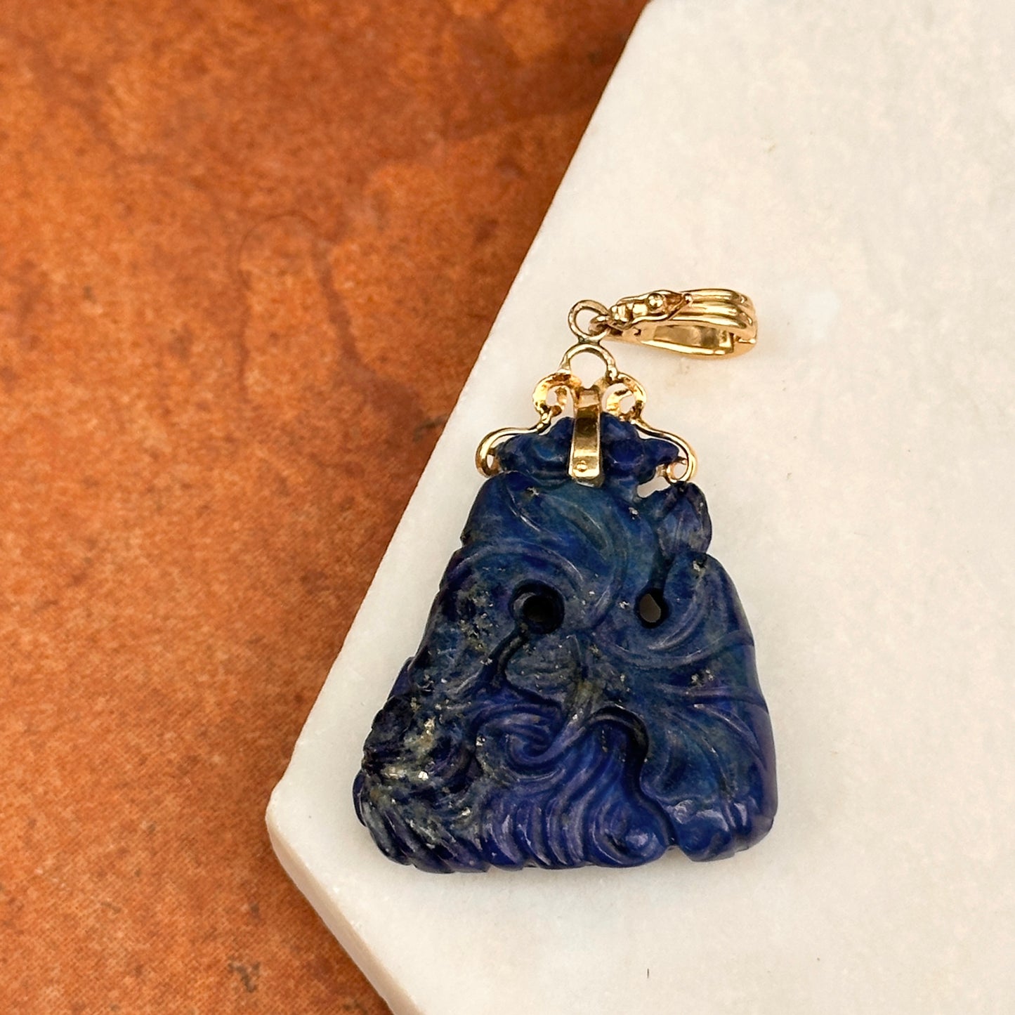 Estate 14KT Yellow Gold Carved Blue Lapis Fish Pendant Enhancer