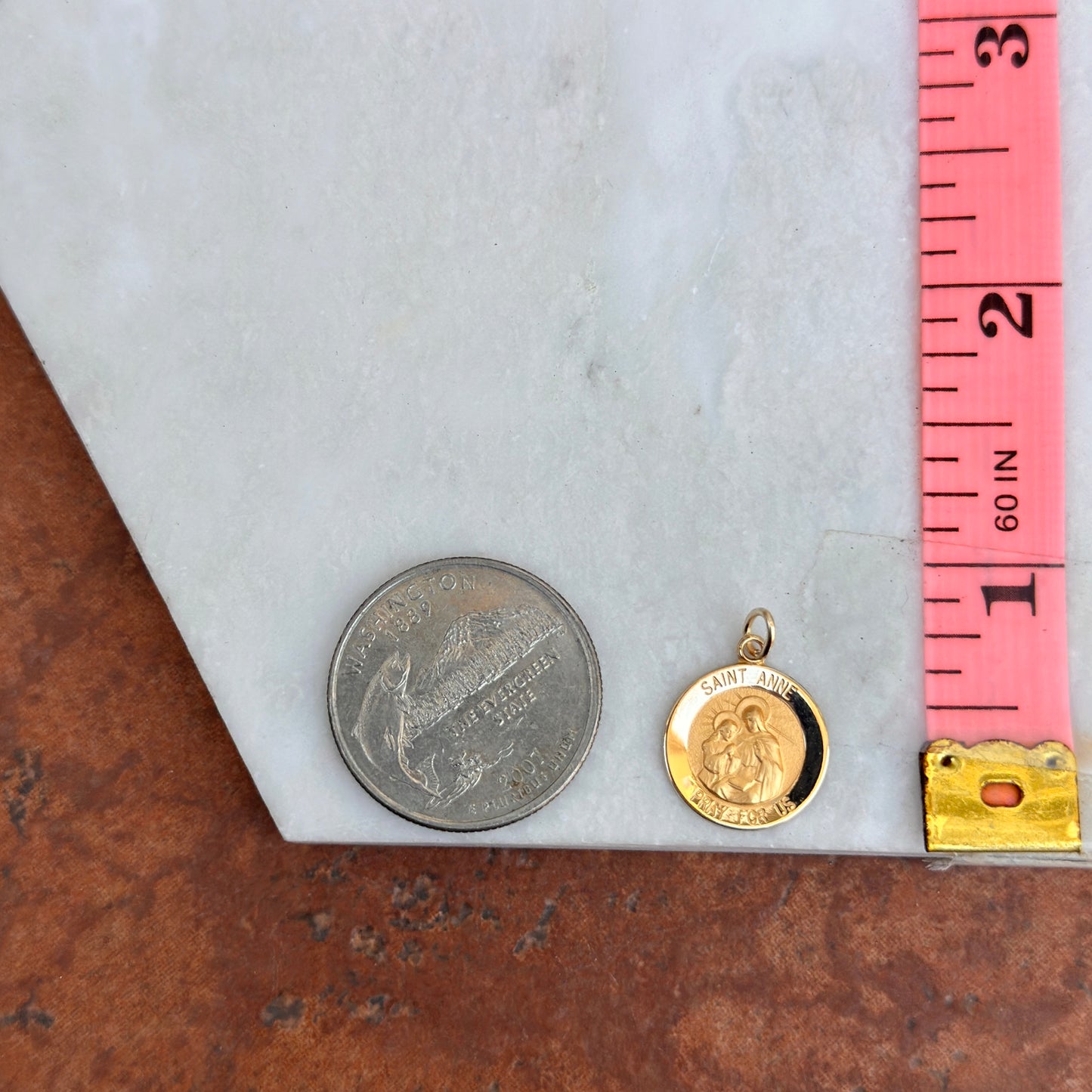 14KT Yellow Gold St Anne Round Medal Pendant Charm 15mm