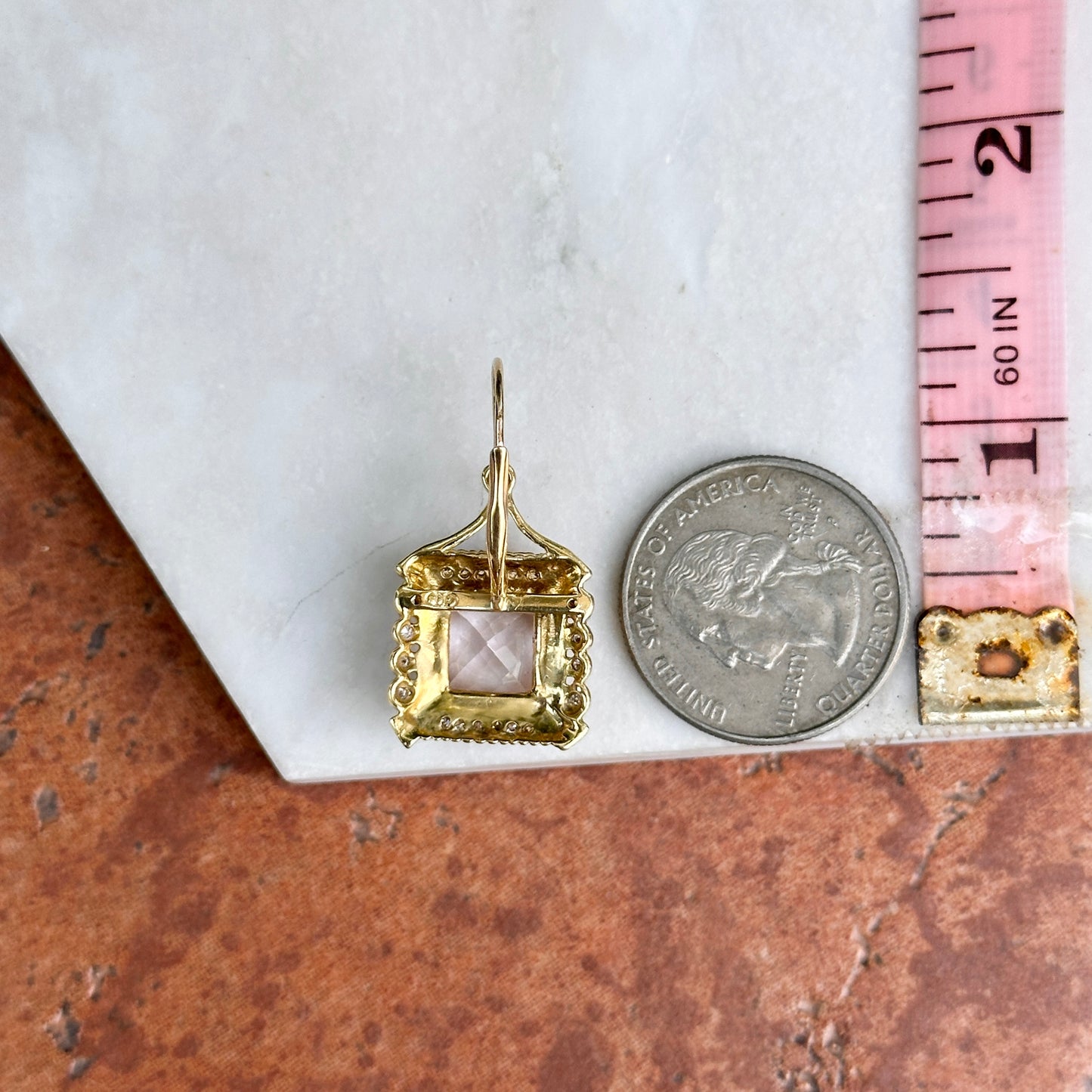 Estate 18KT Yellow Gold Cushion Kunzite + Diamond Drop Earrings