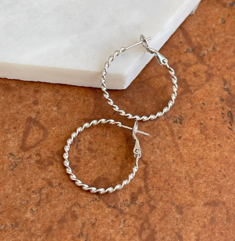 Sterling Silver Twisted Round Omega Back Hoop Earrings 27mm - LSJ
