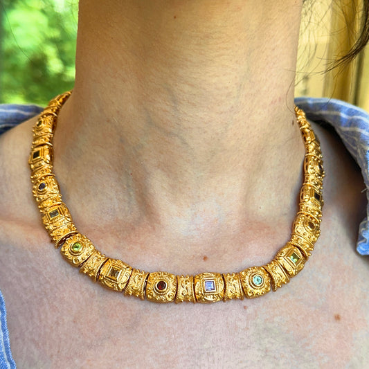 14KT Yellow Gold Plated Sterling Silver Byzantine Link Gemstones Garnet, Amethyst, Peridot, Topaz, Citrine Necklace