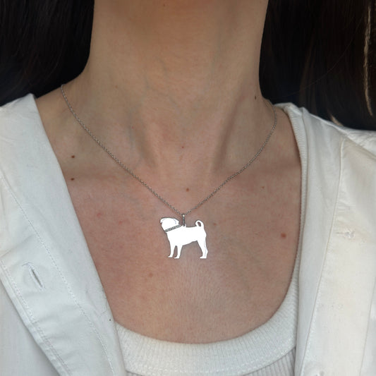 Sterling Silver Pug Dog Flat Pendant Charm Necklace