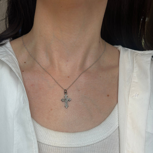 Sterling Silver Pave Diamond Cross Pendant Charm 22.5mm Blackened