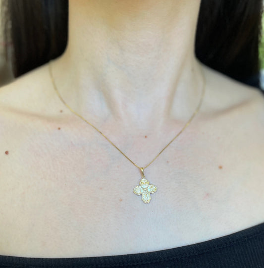 14KT Yellow Gold Four Way Catholic Cross Medal Engraved Pendant Charm 19mm