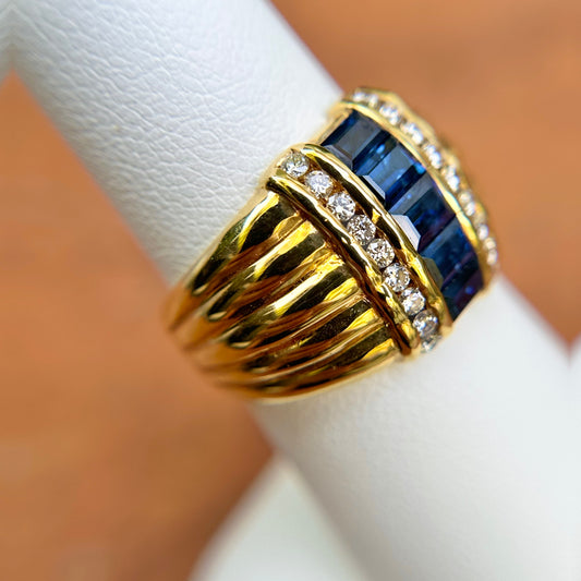 Estate 18KT Yellow Gold Channel-Set Baguette Blue Sapphire + Diamond Ring