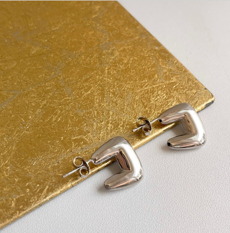 Sterling Silver Puffed Geometric C-Shape Squared Hoop Post Earrings