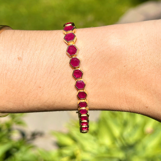 Estate 14KT Yellow Gold Bezel Ruby Hexagon Graduated Tennis Bracelet