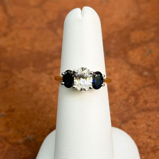 Estate 18KT Yellow Gold Oval Blue Sapphire + CZ Ring
