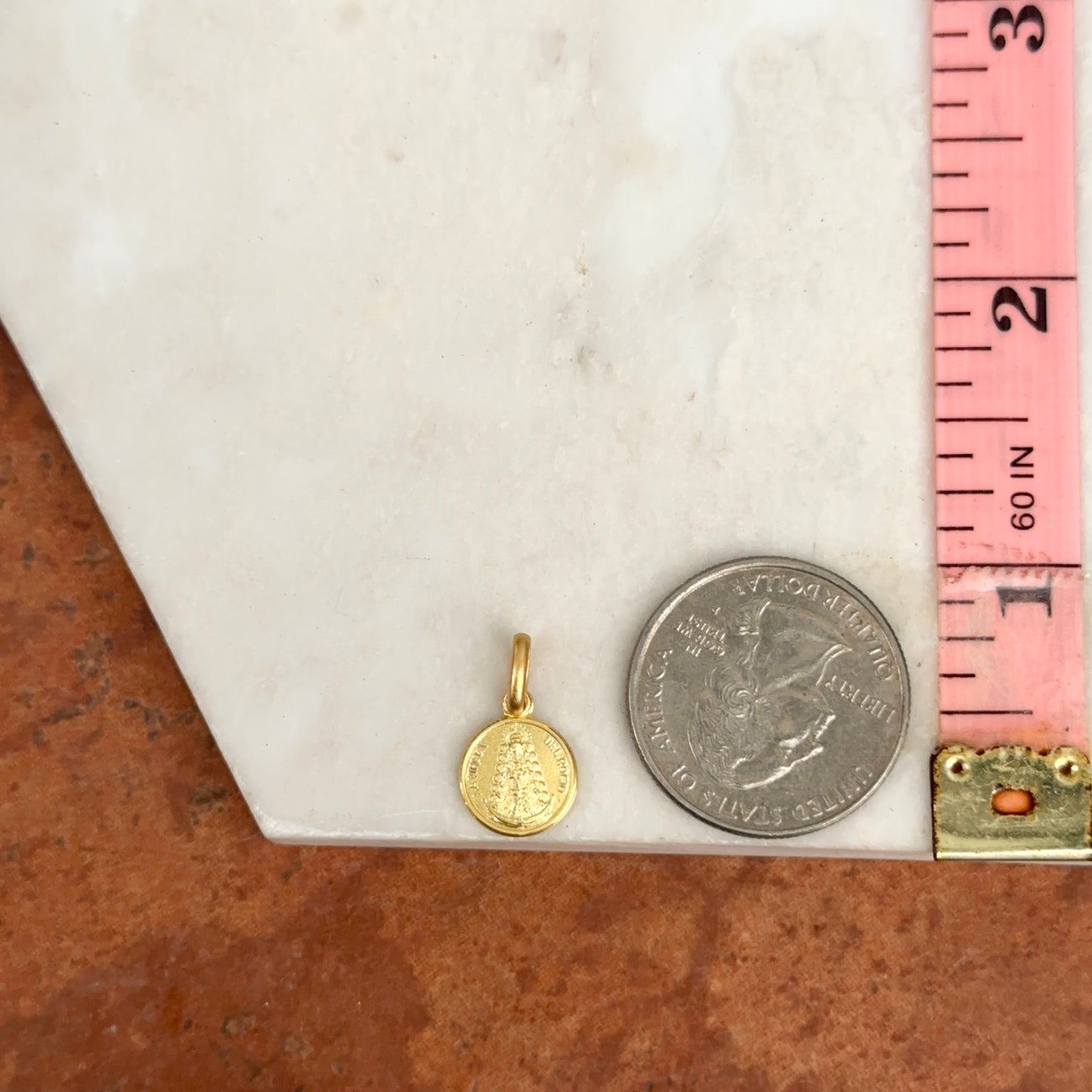 14KT Yellow Gold Virgin del Rocio Matte Medal Pendant Charm 10mm