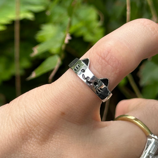 Sterling Silver + Black Enamel Cat Toe Ring Adjustable
