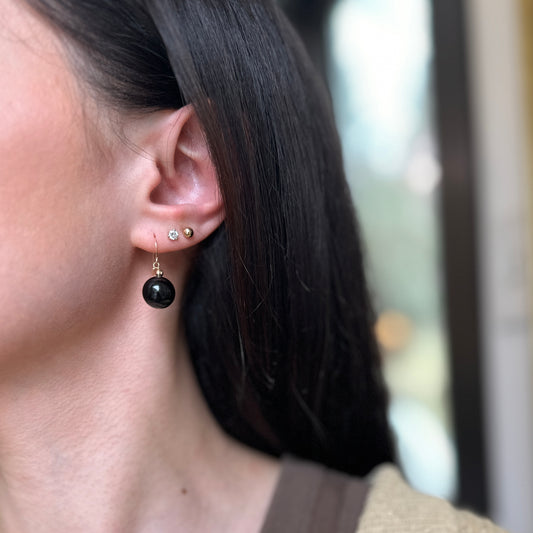 14KT Yellow Gold Black Onyx Ball Dangle Earrings