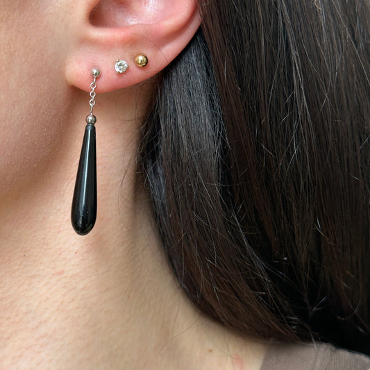 Estate 14KT White Gold Teardrop Black Onyx Post Dangle Earrings