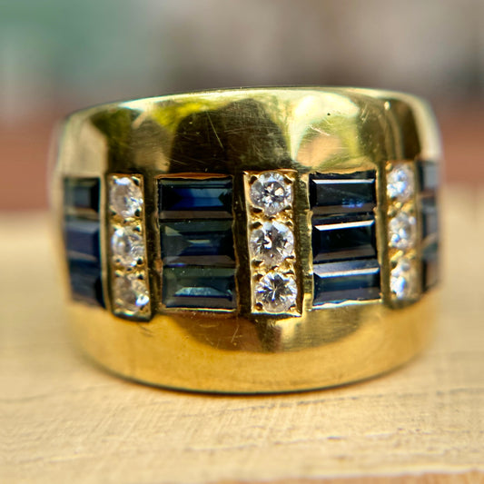 Estate 18KT Yellow Gold Channel Baguette Sapphire + Diamond Ring