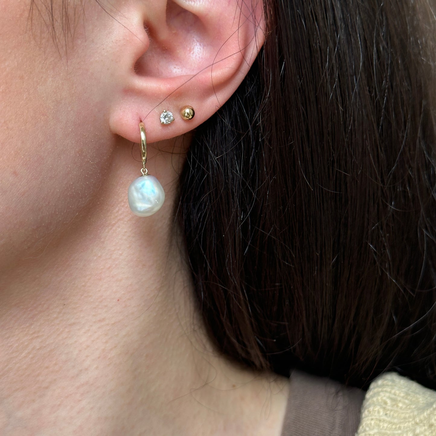 14KT Yellow Gold Cultured Keshi Pearl Huggie Hoop Earrings