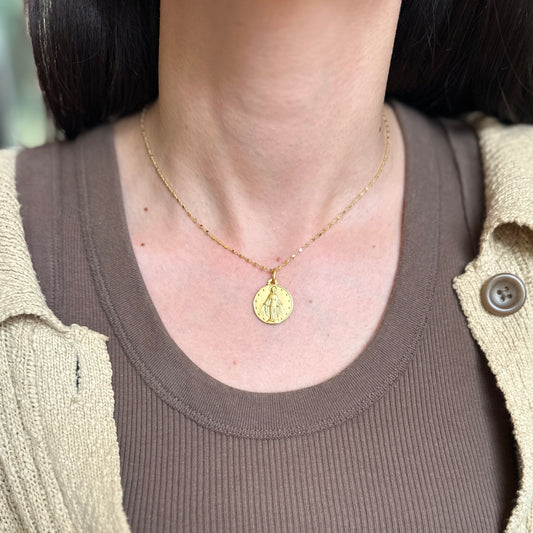 14KT Yellow Gold Matte Miraculous Mary Medal Round Pendant 18mm