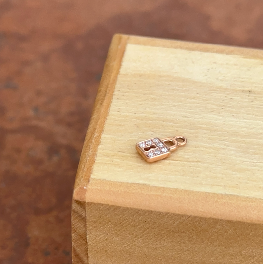 14KT Rose Gold Genuine Pave Diamond Pad Lock Pendant Charm 7mm