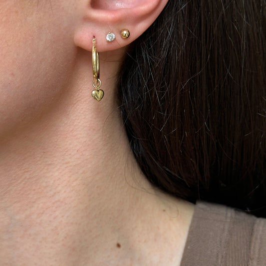 14KT Yellow Gold Puffed Heart Charm Hoop Earrings