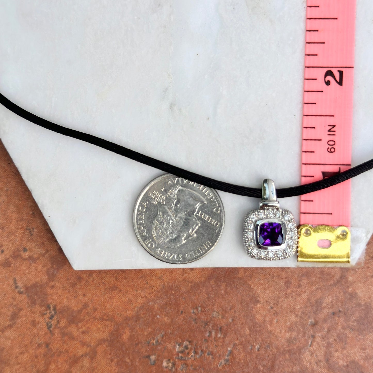 Estate 18KT White Gold Amethyst Halo Diamond Pendant Cord Necklace