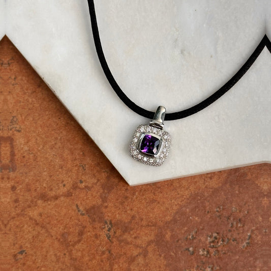 Estate 18KT White Gold Amethyst Halo Diamond Pendant Cord Necklace