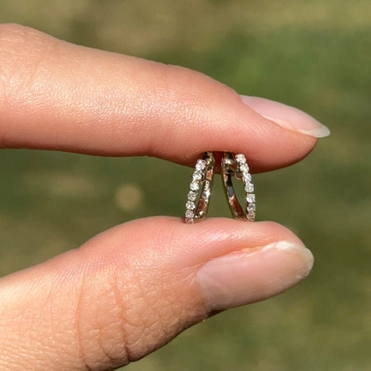 14KT Yellow Gold Pave Diamond Huggie Hoop Earrings 12mm