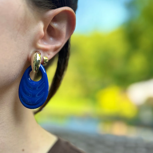 Vintage Royal Blue Glass Ribbed Oval Earring Charms