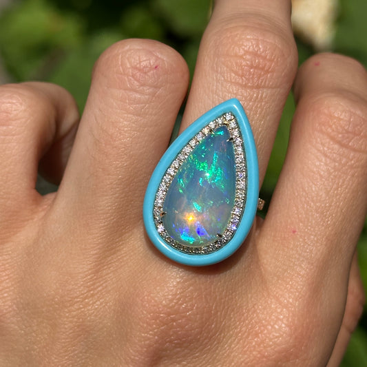 14KT Yellow Gold Large Pear Shaped Opal + Diamond + Turquoise Halo Design Ring
