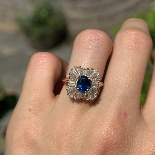 Estate 14KT Yellow Gold Oval Sapphire + Baguette Diamond Halo Ring
