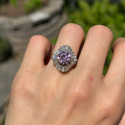 Estate 18KT White Gold Round Pink CZ + Diamond Baguette Halo