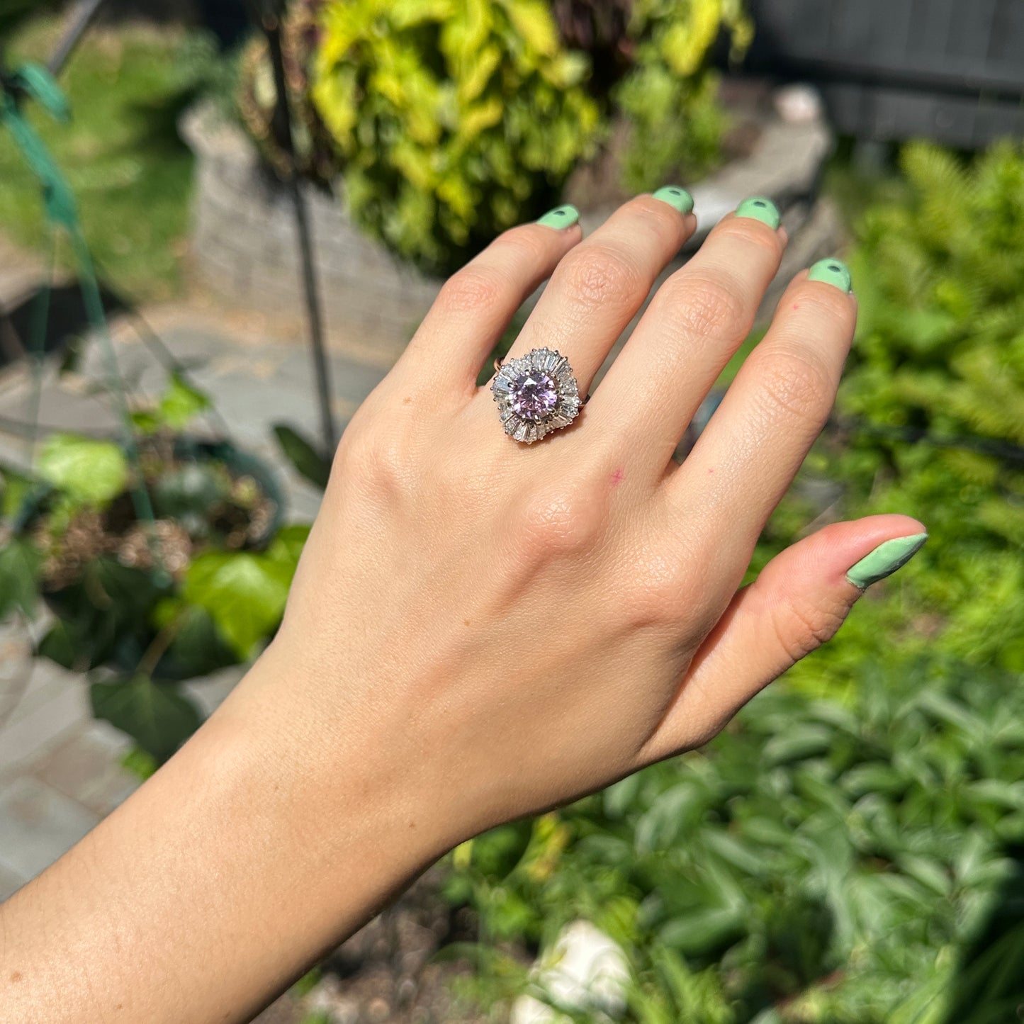 Estate 18KT White Gold Round Pink CZ + Diamond Baguette Halo