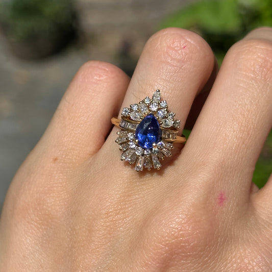 Estate 18KT Yellow Gold Pear Tanzanite + Multi Shape Diamond Cluster Ring