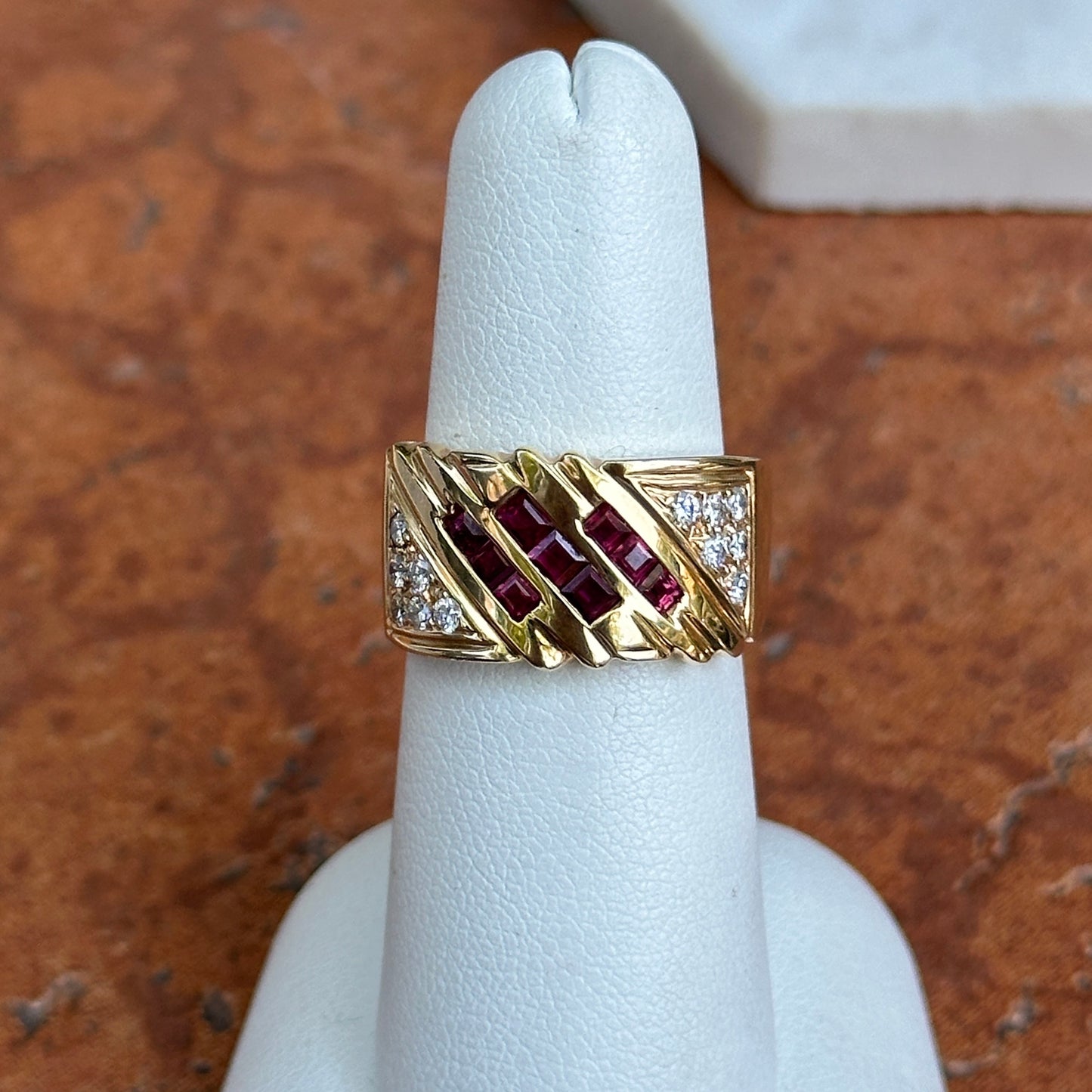 Estate 14KT Yellow Gold Princess Cut Ruby + Round Diamond Channel & Pave Set Band Ring