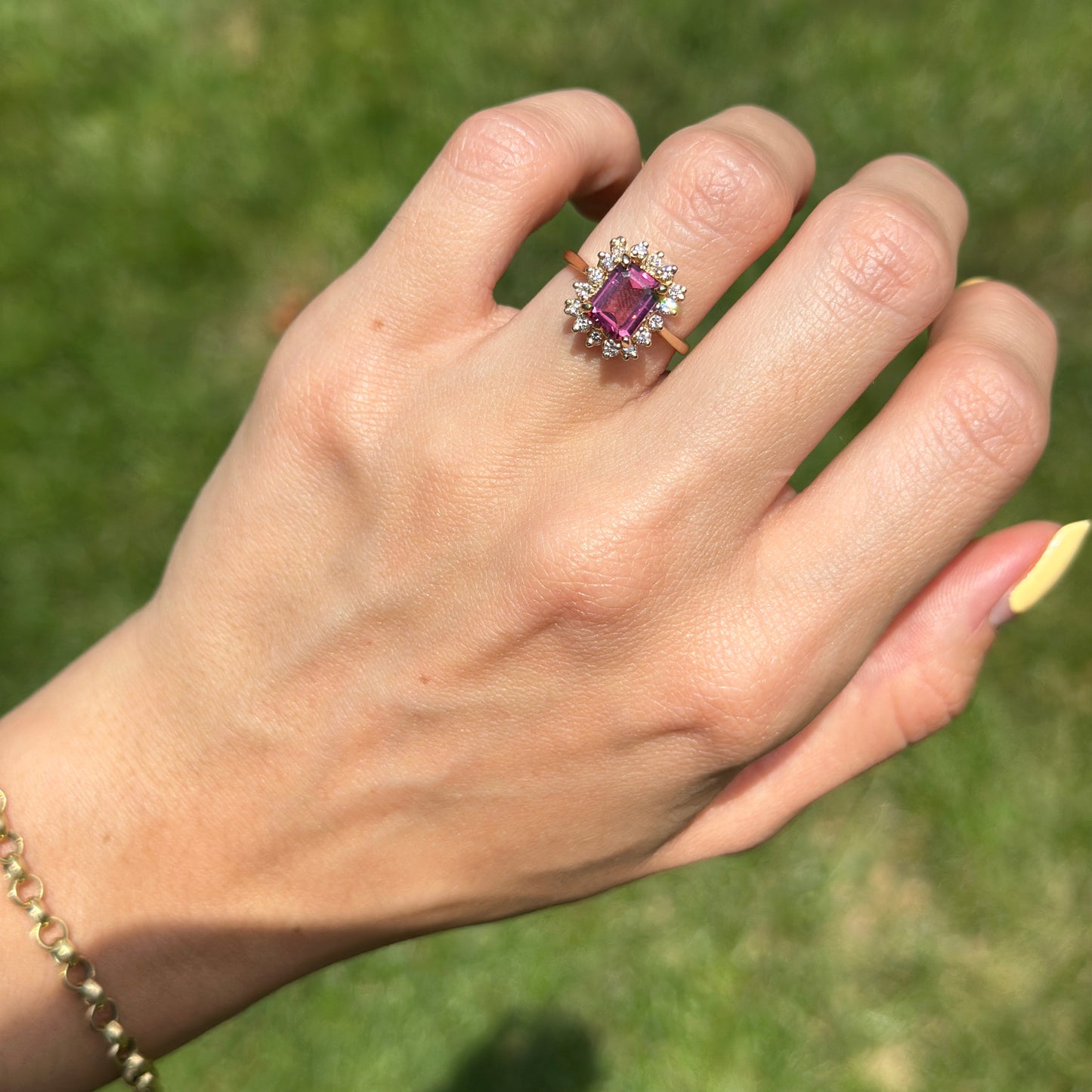 Estate 18KT Yellow Gold Emerald-Cut Pink Tourmaline + Diamond Halo Ring