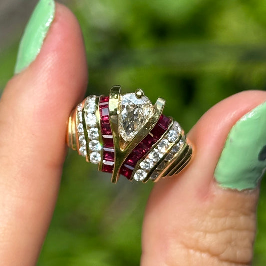 Estate 18KT Yellow Gold Pear Shape Diamond + Princess Cut Rubies Ring