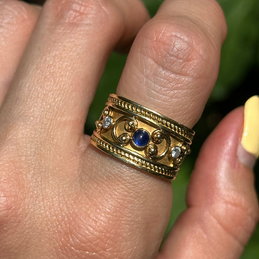 Estate 18KT Yellow Gold Blue Sapphire + Diamond Byzantine Ring