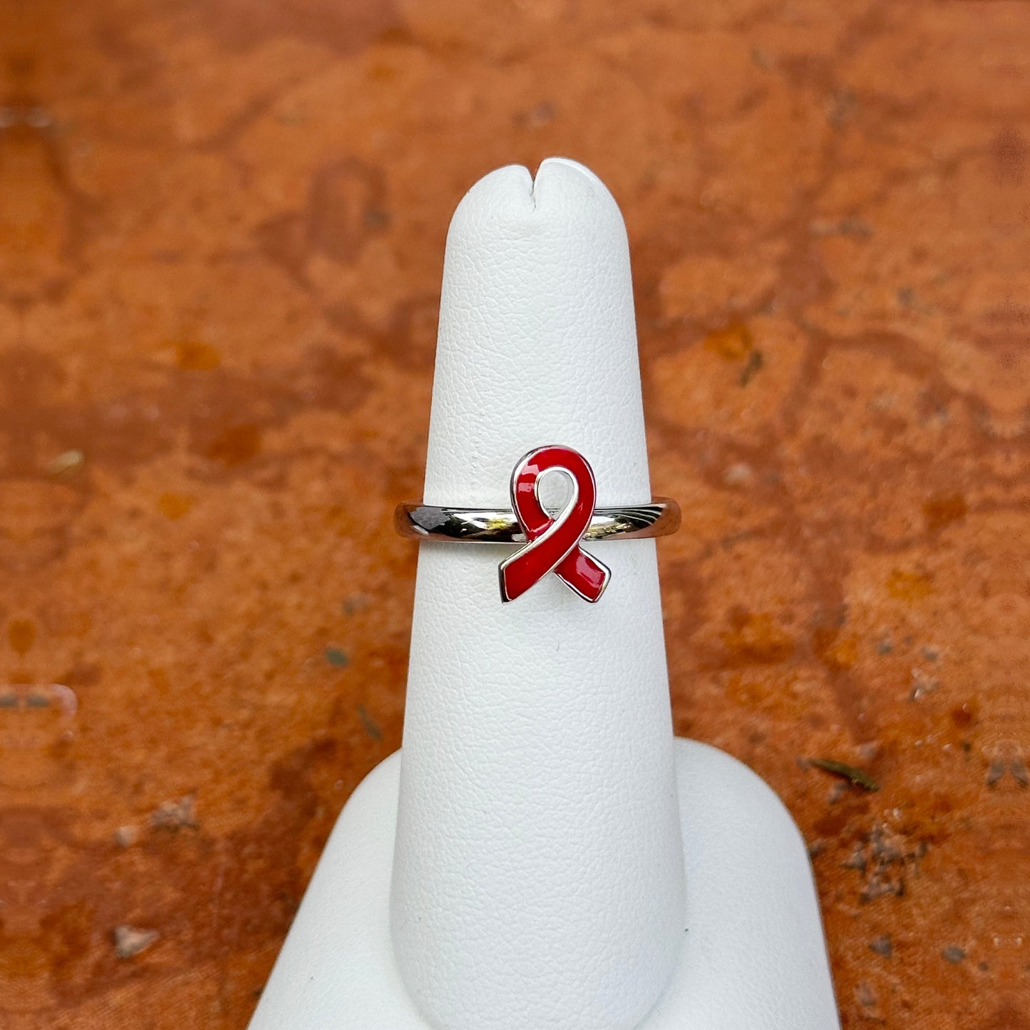 Sterling Silver Red Enamel Awareness Ribbon Ring