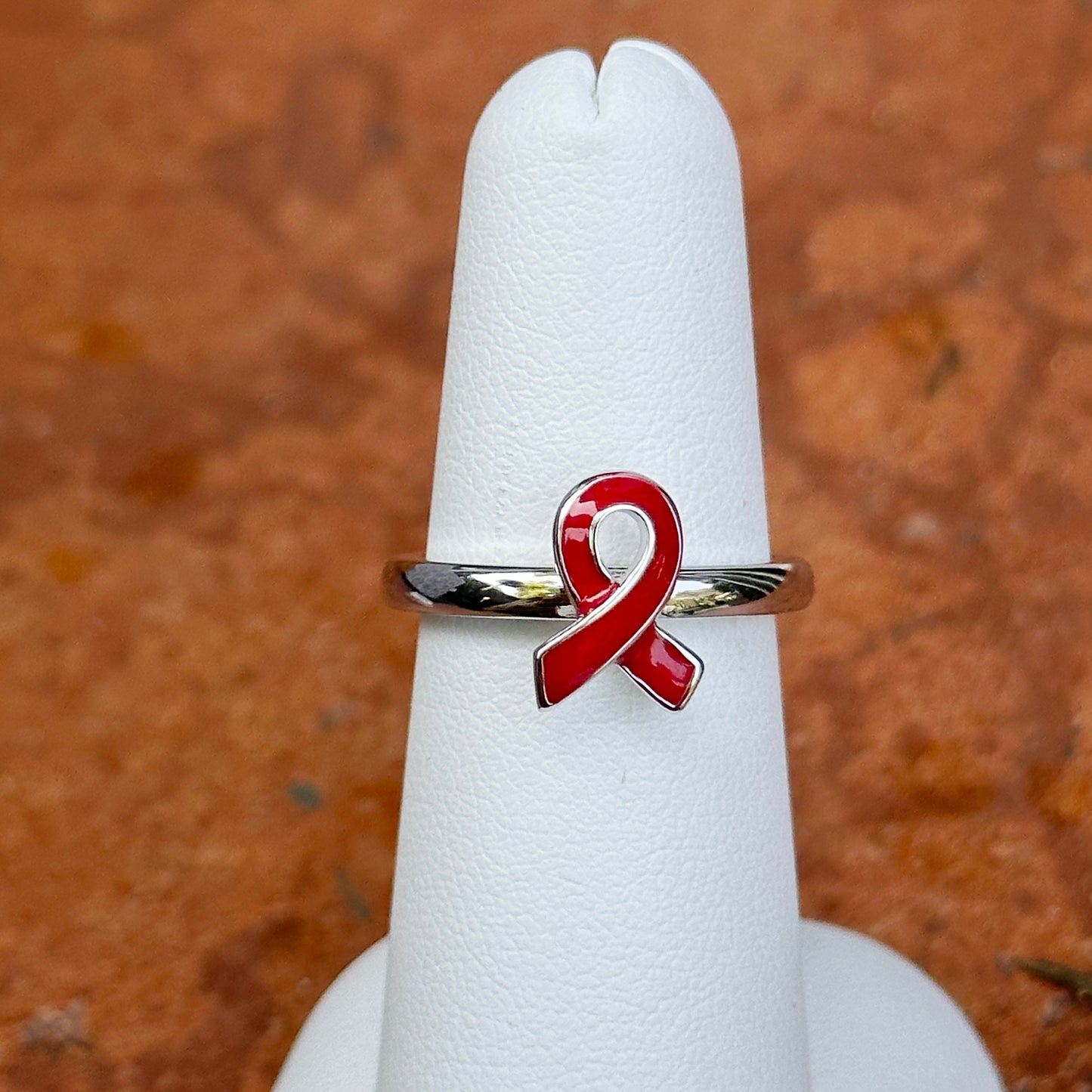 Sterling Silver Red Enamel Awareness Ribbon Ring