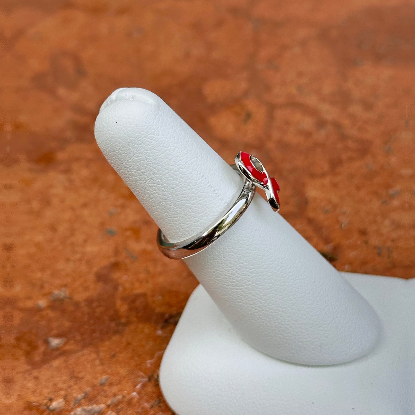 Sterling Silver Red Enamel Awareness Ribbon Ring