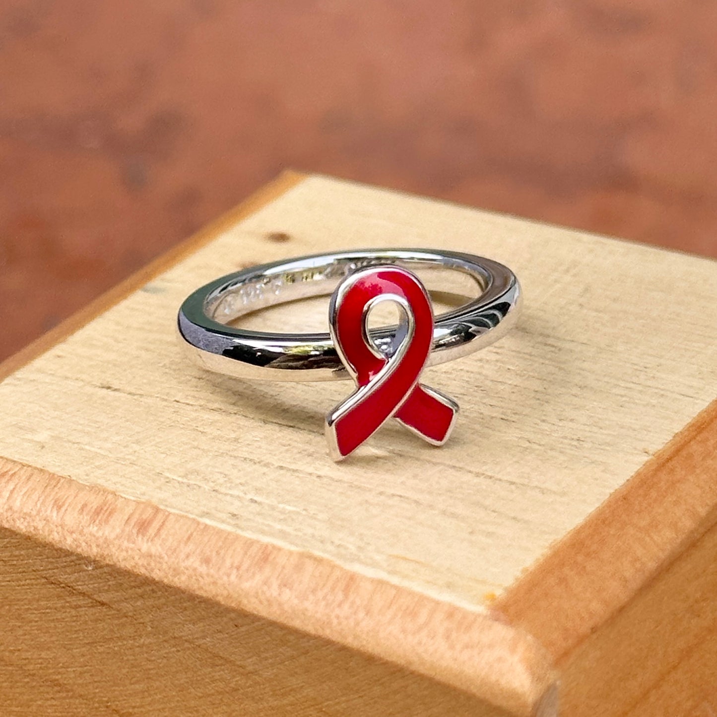 Sterling Silver Red Enamel Awareness Ribbon Ring